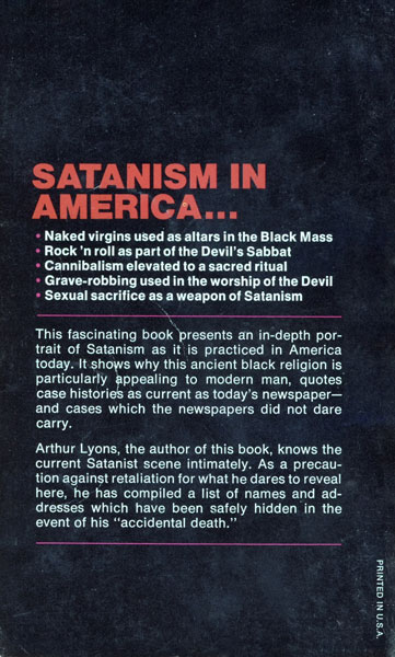 THE SECOND COMING: SATANISM IN AMERICA by Arthur Lyons - Back Cover