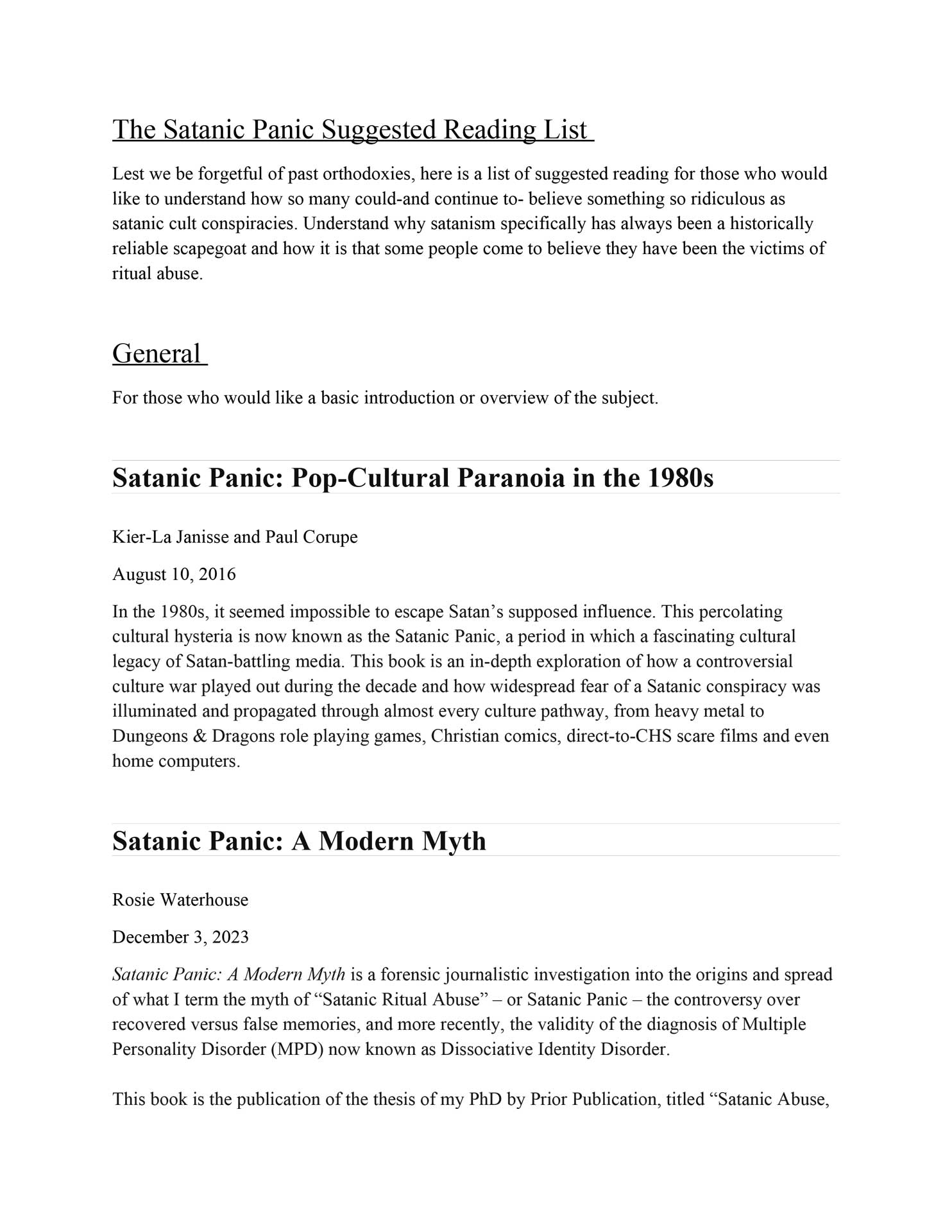 Satanic Panic Suggested Reading by Autumn Sword