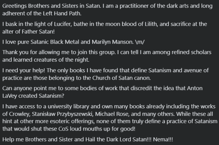 Post shared by Warlock William Tull to various Facebook Groups